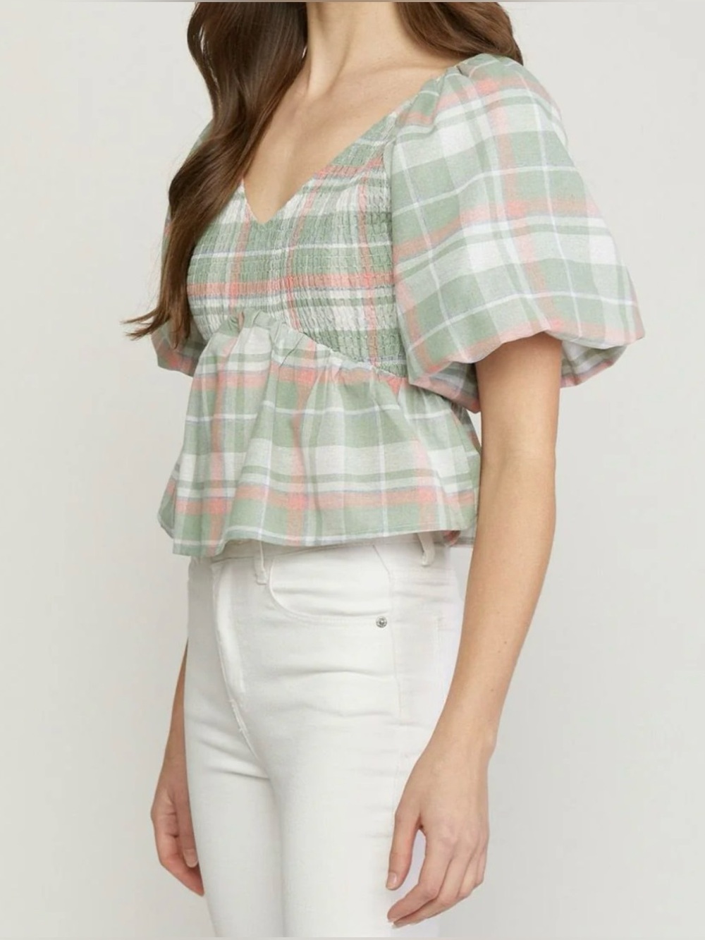 Entro Womens L Green Plaid Puff Sleeve Peplum Top Summer Preppy Fairy Feminine - Picture 15 of 15